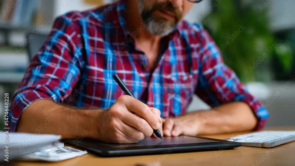Poster man using digital tablet with stylus pen for creative work and technology in office environment