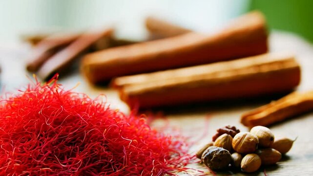 Macro shot of fresh saffron threads and aromatic spices beautifully arranged on a wooden surface.