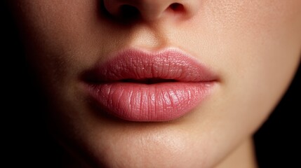 Obraz premium A close-up of lips with lip fillers, dark dramatic background upper and lower pastel pink part of your mouth