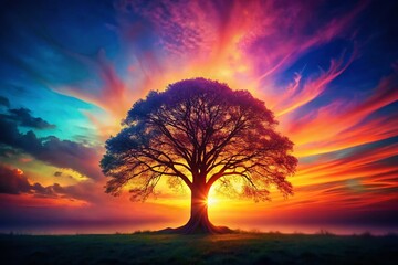 Vintage Neon Tree of Life Sunset Landscape - Digital Art