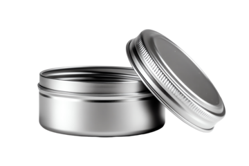 Small metal tin container with lid, isolated on white background.