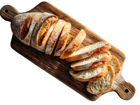 Sliced bread on wooden cutting board, white isolate background