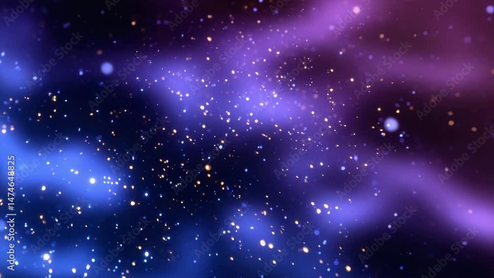 Poster glowing particles float in dark space with blue and purple light creating magical glow effect