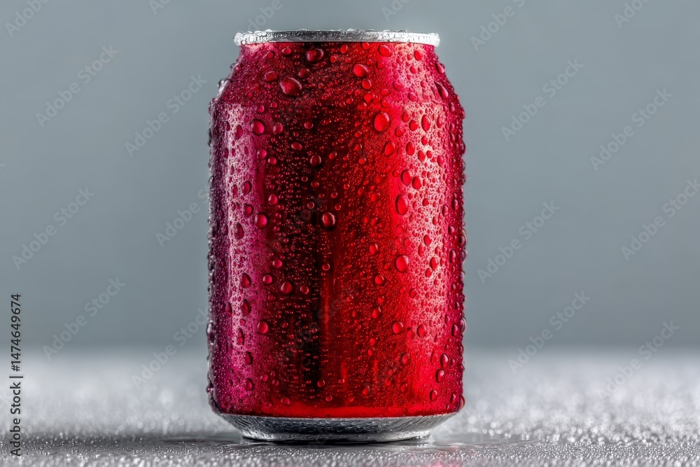 Poster refreshing cold beverage can with condensation on a smooth surface