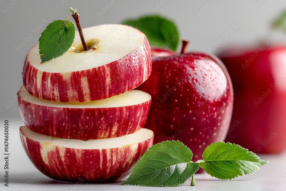 Poster Freshly sliced red apples arranged attractively with whole apples in the background and green leaves