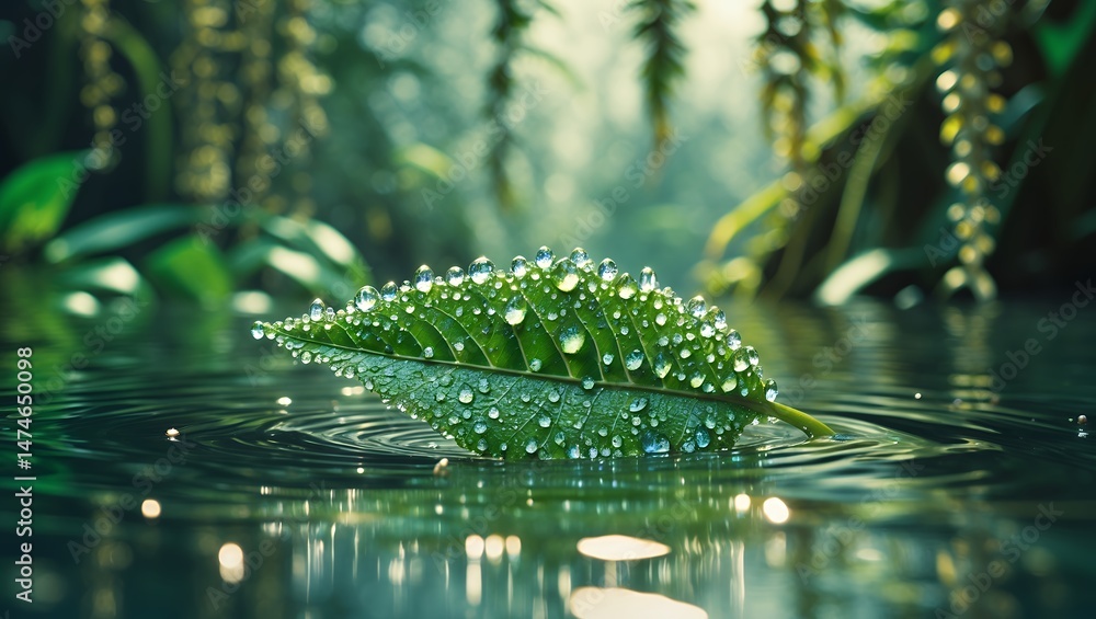 Poster leaf floating on water with dew drops in a lush setting