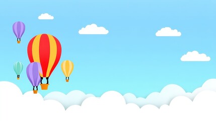 Fototapeta premium Colorful Hot Air Balloons Floating in a Bright Blue Sky with Soft White Clouds