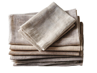 Stack of folded linen napkins in natural colors, on white background.