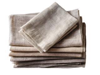 Stack of folded linen napkins in natural colors, on white background.