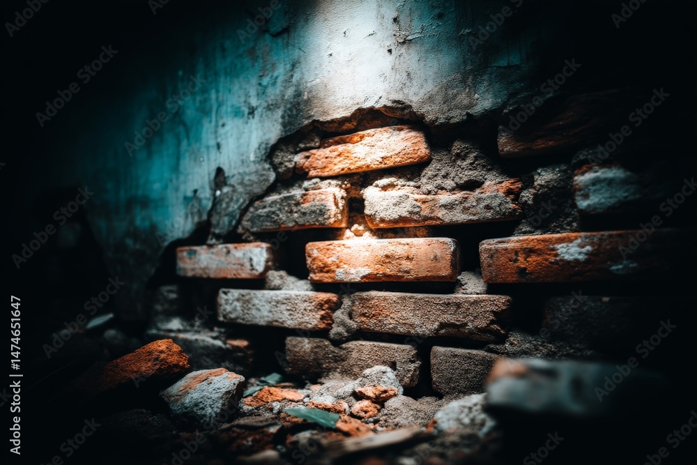 Poster light illuminating cracked bricks in a dilapidated wall at dusk highlighting forgotten architecture 