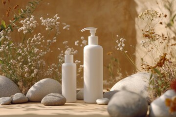 Two white bottles amidst rocks and wildflowers