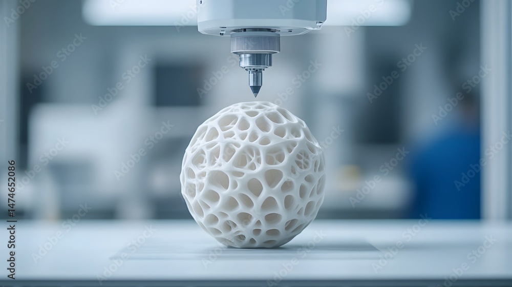 Poster intricate 3d-printed design in a futuristic workshop