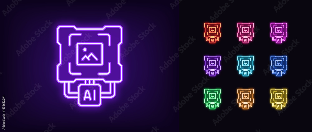 Poster outline neon ai generator icon. glowing neon ai tool for creation graphic content, image generator. 