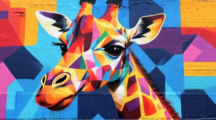 A colorful mural on a brick wall depicts a vibrant, geometric giraffe.