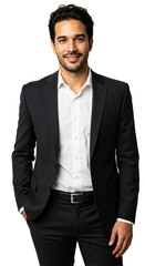 Fototapeta premium Confident young adult businessman of Middle Eastern descent, with dark hair and a smile, wearing a black suit and white shirt, posing professionally against a transparent background.
