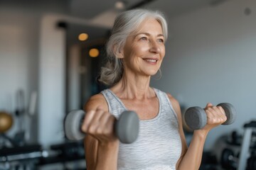 Smiling Senior Woman Exercising with Dumbbells: Active Healthy Lifestyle, Fitness Workout in Gym