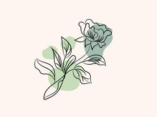 Elegant Minimalist Line Art Flower with Abstract Green Shapes Botanical Illustration