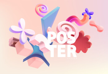 Abstract colorful 3d elements of various unusual shapes. Complex Geometric shape  for poster design.