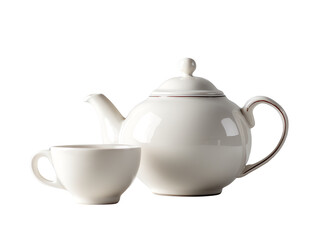 Tea set with teapot and cup, white isolated background.