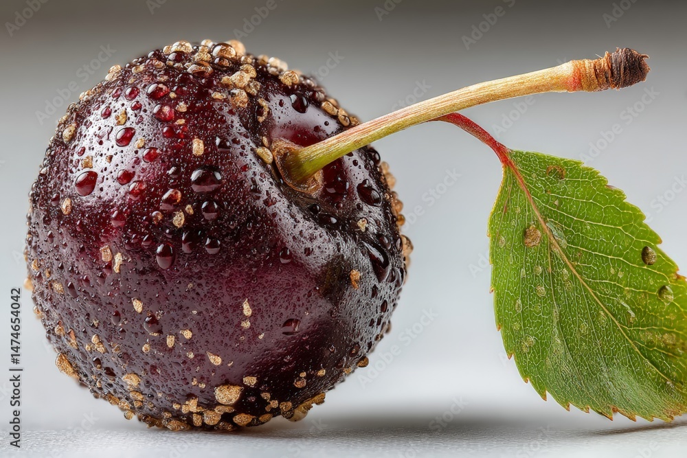 Poster fresh cherry with droplets of water resting on surface adorned with a green leaf captured in natural