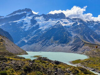 View at Mount Cook and lake Mueller on New Zealand