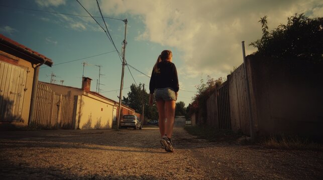 A girl in raw film style, on a subburt villange creapy town