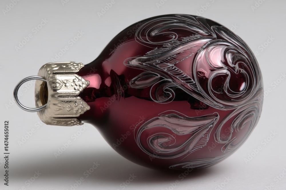 Poster Decorative red glass ornament with intricate patterns and a shiny gold cap on a light background