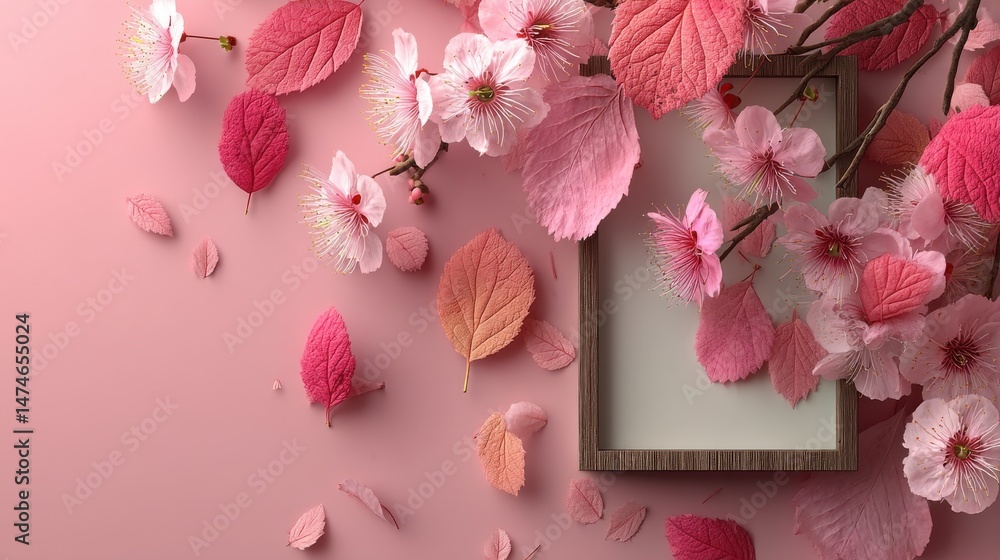 Aufkleber pink background with petals and empty frame for text generative ai.stock image