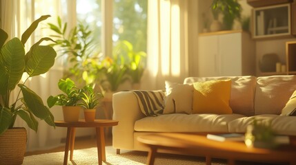Bright living room with large windows, sheer curtains, and potted plants