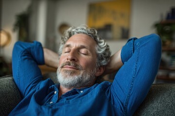 Man relaxing on sofa with eyes closed and hands behind head indoors.