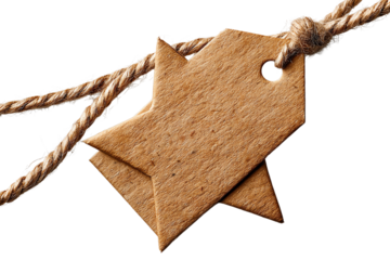 Two die-cut kraft paper tags with rope on white isolated background.