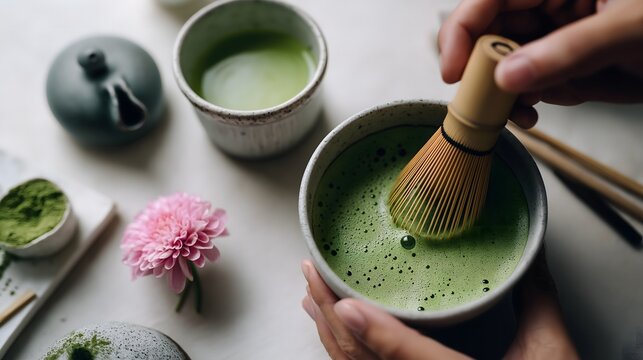 Traditional Japanese matcha tea ceremony preparation with bamboo whisk and green tea in ceramic bowls on a calm minimalist setup