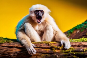 Obraz premium White Gibbon Yawning on Log - Adorable Primate Wildlife Photography