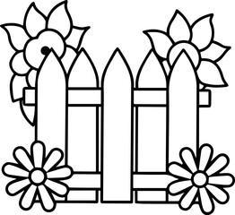 fence with flowers outline vector illustration, line art