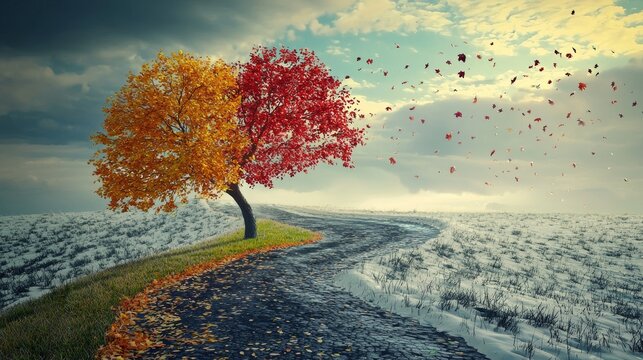 A winding road through changing seasons symbolizing metamorphosis transition and journey through life stages vibrant autumn leaves leading towards winter horizon
