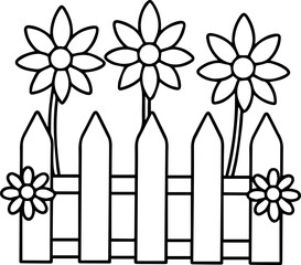fence with flowers outline vector illustration, line art