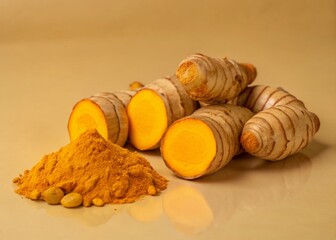 Whole & Sliced Turmeric Root on White Background - Vibrant Spice Photography