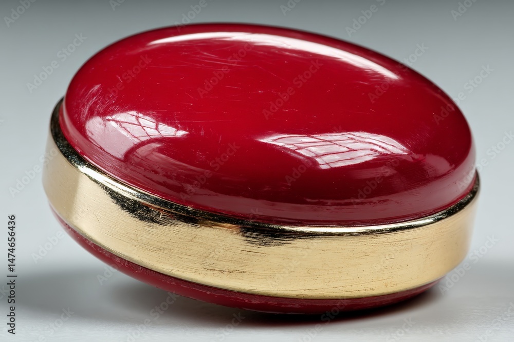 Poster red oval container with gold band on a smooth surface showing reflections