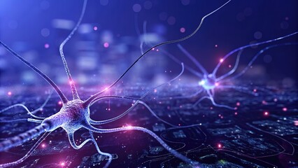 Detailed neuron cells connecting and firing across a dark purple background, showcasing complex neural activity