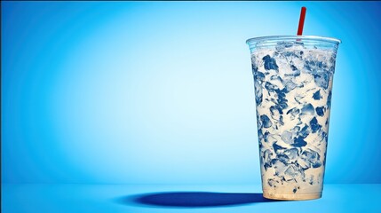 Refreshing Cold Beverage in Clear Cup with Straw on Vibrant Blue Background