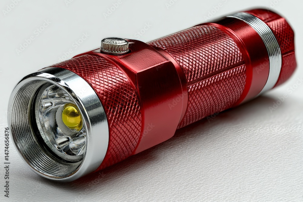 Poster bright red flashlight showcasing modern design with a textured surface for better grip and functiona