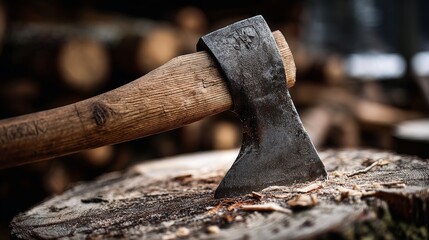a hultafors forest ax stuck in a chopped tree stump, with copy space