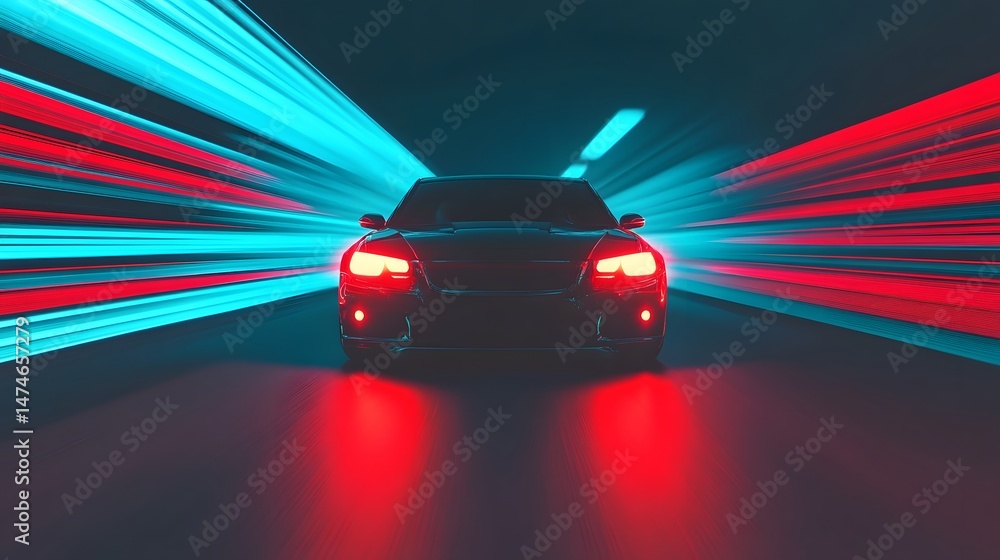 Poster speeding car with dynamic red and blue lights in motion blur