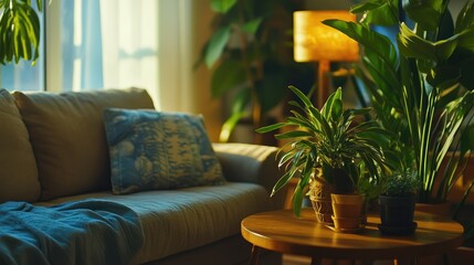 Bright living room with large windows, sheer curtains, and potted plants