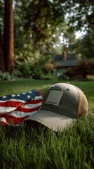 baseball cap with american flag on green drass, patriotism concept