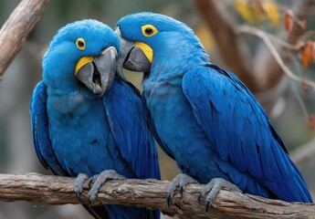 A pair of blue macaw parrots, sitting on a branch and kissing each other