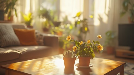 Bright living room with large windows, sheer curtains, and potted plants