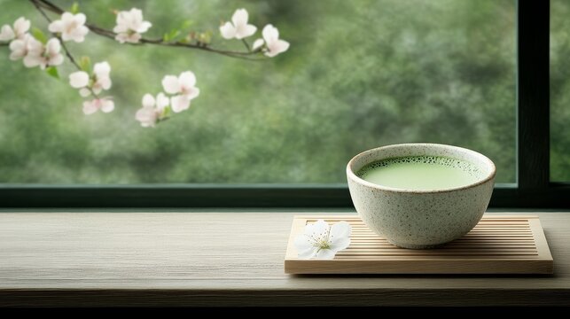 Savoring matcha latte in a ceramic bowl japanese tea experience serene nature view tranquil environment
