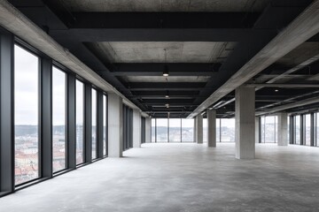 Empty office space with large windows concrete floor and ceiling columns.