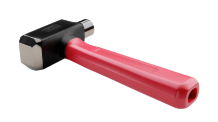 Sledgehammer, The Ultimate Tool: A meticulously crafted sledgehammer, featuring a vibrant red handle and robust, durable head, lies isolated, ready to take on any challenge.